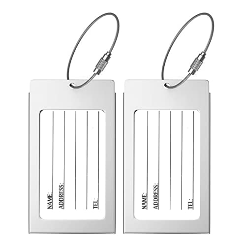 Pack Of 2 Luggage Tags, Aluminum Metal Travel Id Tag Business Card Holder Name Address Identifier Labels Suitcase Label With Steel Cable For Baggage Bag, Silver #TOP2