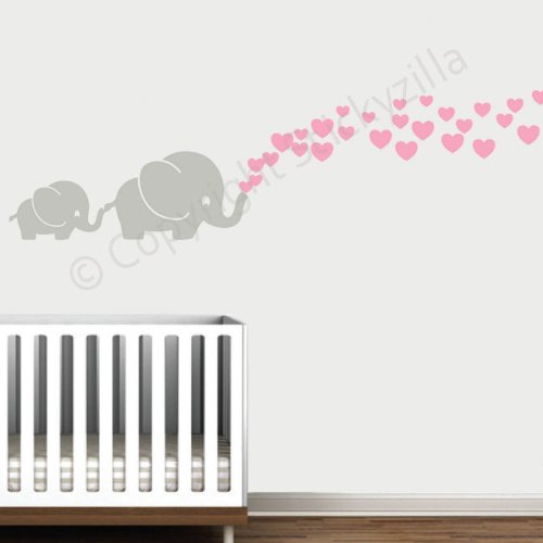 Cutie Grey Elephants with Colored Bubble Hearts Vinyl Wall Decal Sticker Baby, Nursery, Play Room (Soft Pink Hearts)