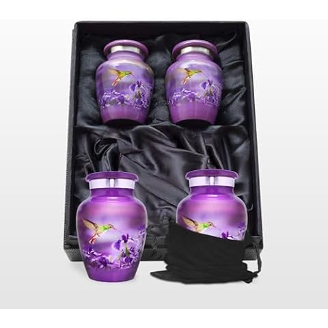 Trupoint Memorials - Urns for Human Ashes Adult Female, Burial Urns, Decorative Urns, Funeral Urns, Cremation Urns for Women and Men - Purple, Hummingbird, 4 Small Keepsakes Cover