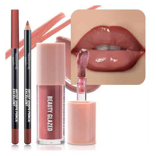 Lip Gloss and Lip Liner Set Tinted Lip Gloss with Lip Pencil Waterproof Long Lasting Glossy Lip Combo Nude Lip Makeup Kit for Women (#V04+104)