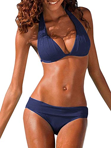 Womens Halter Padded Top Push Up Bikini Set Two Piece Swimsuits Bathing Suits Beachwear (Medium, Navy Blue)