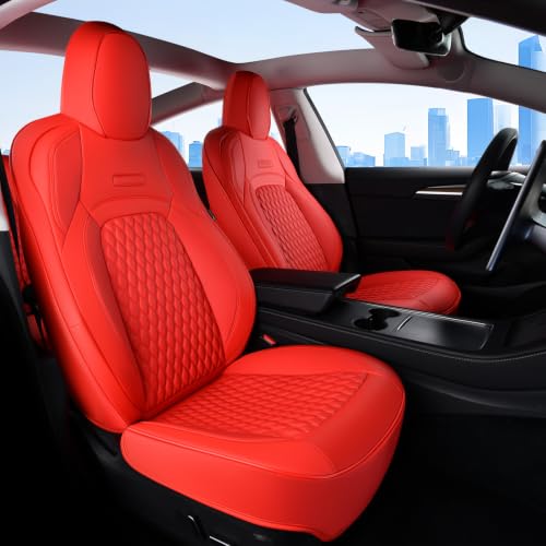 Image of Coverado Red Car Seat Covers Compatible with 2017-2023 Tesla Model 3, Waterproof Full Set 5 Seats, Leatherette Car Seat Covers and Back Car Seat Cushion, Custom for Tesla Model 3