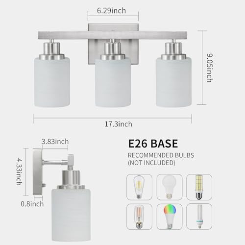 Image of 3-Light Bathroom Light Fixtures Brushed Nickel Vanity Light 17in