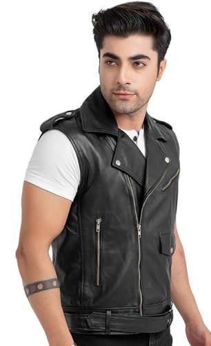 Men’s Vintage Lapel Style Collar Vest Negan Motorcycle Sheepskin Black Biker Riding Leather Weskit Vest for Mens3