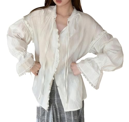 Chemise patchwork dentelle femme blouse volants manches évasées col v