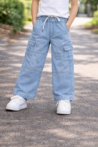 Image of Boys Straight Fit Premium Denim Jeans with Elastic Waist & Adjustable Drawstring Soft Wash Beggy Denim Jeans Comfortable Casual Loose Fit