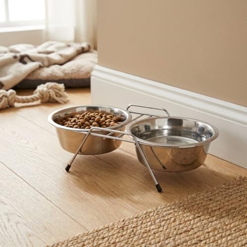 Suinga Futterhaus Hunde mit Standfuß Edelstahl. Kapazität 2 x 0.750 Liter. Wird als Futterstation und Vogeltränke für Tiere. Maßnahmen. Ø16,5 cm 35 x 17 x 7 cm
