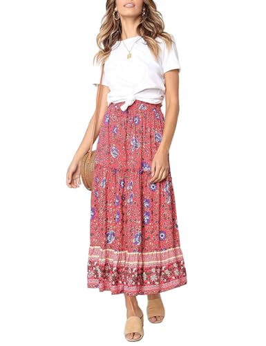 Falda de cintura alta con pliegues para mujer Merokeety, con bolsillos, estampado floral bohemio, por debajo de la rodilla - Rojo - Large