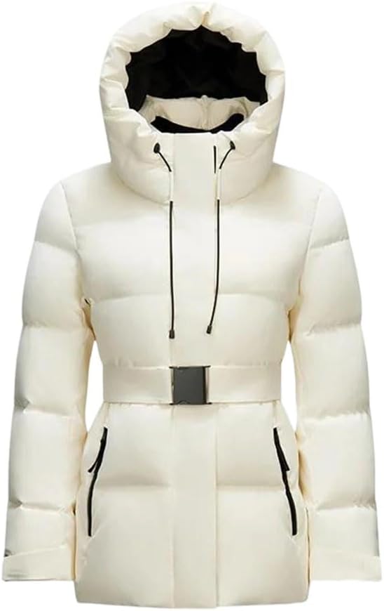 Women’s Down Jacket Hooded Waist Design Solid Color Thick Warm Winter Long Sleeve Coat