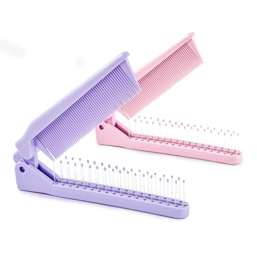 Jurrissa 2 Pack Folding Hair Combs Foldable Comb Brush Combo Mini Protable Folding brush for Purse Bags Porket Travel Size Hair Comb Small Pocket Combs for Women and Girls(Pink&Purple)
