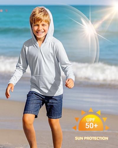 Image of Boys Rash Guard Long Sleeve Hoodie Swim Shirt with Pocket Youth Kids UPF 50+ Sun Protection Fishing Shirts Thumb Hole