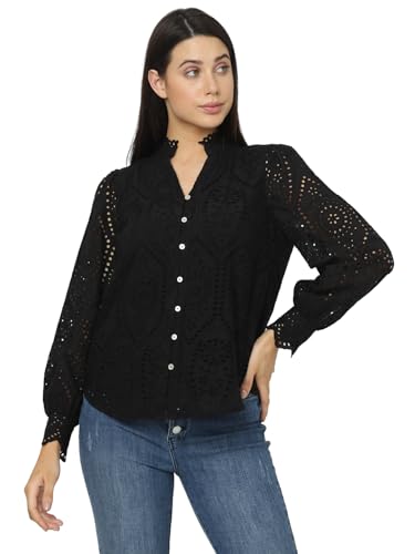 Image of VERO Moda Women's Cotton Mandarin Collar Solid Regular Fit Shirt | Schiffli Design Shirt for Women