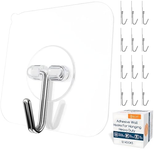GLUIT Adhesive Wall Hooks for Hanging Heavy Duty 22 lbs Hooks for Walls No Damage, Towel Sticky Clear Hook, Waterproof, Home, Bathroom, Kitchen, Office, and Outdoor 12 Pack