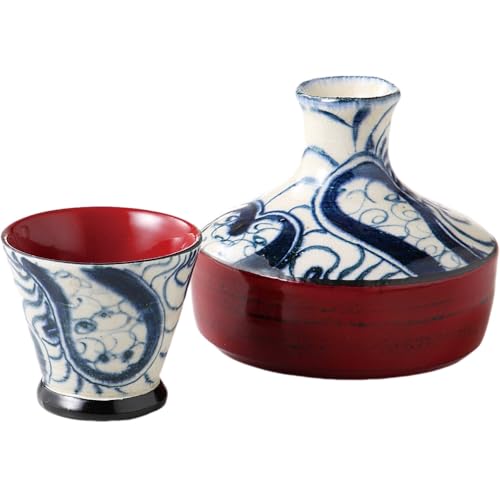 エールネット(Ale-net) 酒器セット 徳利 ぐい呑み セット 直径9.8×高8.6cm 210cc 漆陶そう吉 平型酒器セット 渦絞根来(赤) 熱燗 冷酒 磁器 美濃焼 日本製