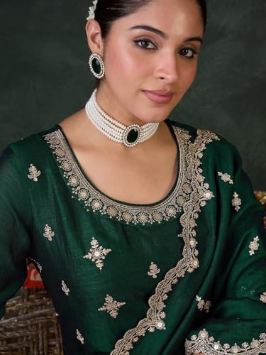 Image of INDO ERA Women's Straight Silk Blend Ethnic Motifs Embroidered Kurta & Pant with Dupatta Set (IESTR10550)