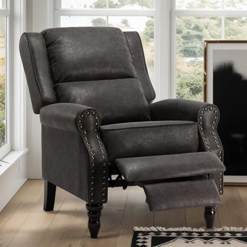 Image of Leather Recliner Chair, Pushback Recliner Chair with Adjustable Backrest Footrest, Mid Modern Reclining with Overstuffed Arms Lumbar Support for Reading, Living Room, Black