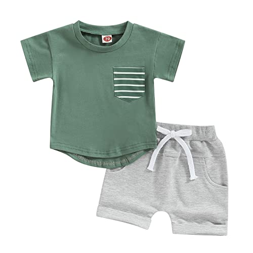 Image of Karesoull Summer Toddler Baby Boy Girl Clothes Set Unisex Waffle Outfits Solid Short Sleeve Pocket Tops Shorts 2PCS