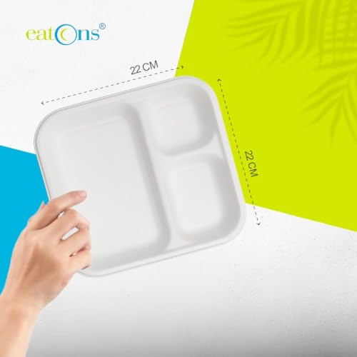 Image of EATONS White Bagasse 3-Compartment Disposable Meal Tray, 9 inch Pack of 5 | Eco-Friendly Compostable, Unbleached & Non-Toxic | Microwave & Freezer Safe, Leak-Proof | Party, Thali & Takeaway Plates