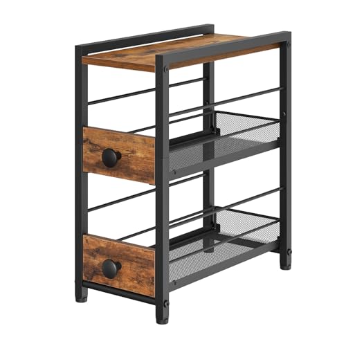 YATINEY 3-Tier Spice Rack, 15 cm Narrow Kitchen Countertop Storage Shelf with 2 Drawers, Pull-Out Coffee Storage Rack, Spice Holder for Syrup, Spices, and Coffee Pod Storage, Rustic Brown XSR02BR