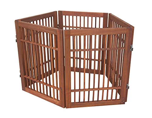Pet Dog Gate Strong and Durable Freestanding Folding Acacia Hardwood Portable Wooden Fence Indoors or Outdoors by Urnporium (Brown Pet Gate, 5 Panel 24" Tall)