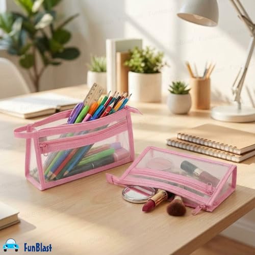 Image of FunBlast Pen Pencil Case, Transparent Pencil Pouch with Zipper Closure Portable Clear Makeup Pouch, Large Capacity Pencil Bag, Stationery Bag for Students Girls Adults Office (Pink-)