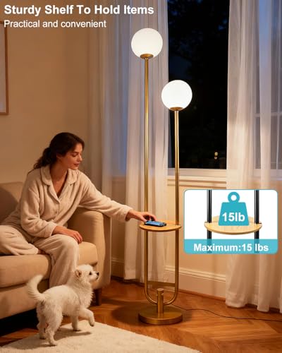 Image of Lightdot 63IN Gold Floor Lamp with Table 2 Globe Mid Century Standing Lamps with 3000K LED Bulbs Unique U-Pole Vintage Floor Lamp with 5Lbs Heavy Base for Living Room /Party /Sofa Beside /Corner Decor