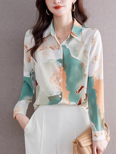 Printed Silk Blouse for Women,Spring Long Sleeve Shirt Top3