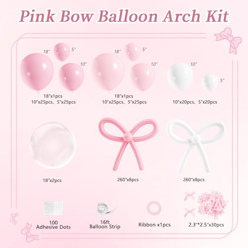 Image of Pink Bow Balloons Arch Kit,JOGAMS 199Pcs Coquette Balloons Garland with 260 Clear Balloons Pink Ribbon Bow for Bow Coquette Birthday Decorations Bachelorette Baby Shower Bridal Shower