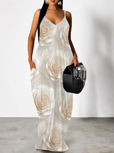 Image of Women Spaghetti Strap Maxi Dress with Pockets | Soft fabric relaxed fit sleeveless v neck with pockets for party and daily wear