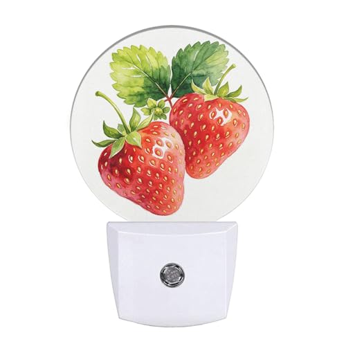 Image of EKOBLA Strawberry Night Light, Cute Red Fruit Watercolor Night Lights Plug Into Wall with Auto Sensor for Home