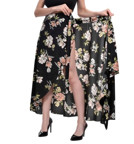 Image of Women's Floral & Animal Print Wrap Skirt - Midi Length A-Line Summer Skirt with Side Tie-Up, Tropical Cheetah Tiger Casual Beach Wear
