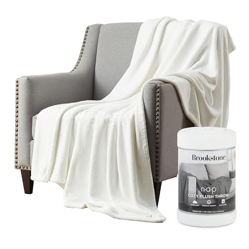 Brookstone Nap Plush Throw Blanket for Couch, White
