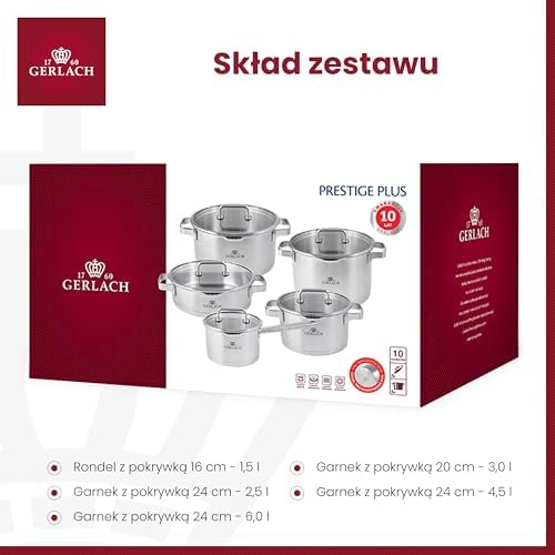 Gerlach Prestige Plus Zestaw Garnków Indukcja Stal Nierdzewna Garnki Trójwarstwowe Dno Do Kuchenki Gazowej Elektrycznej Ceramicznej 10 Elementów