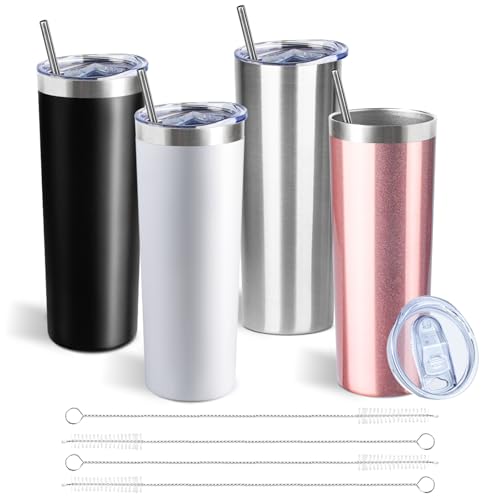 20 oz Skinny Tumbler with Lid and Straw,Stainless Steel Vacuum Insulated Tumbler Cup Double Wall Leak-proof Coffee Mug,Travel Thermal Water Tumbler for Office,Outdoor (Black/White/Rose gold/Silver)