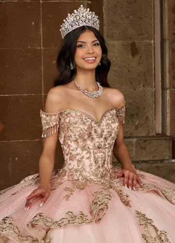 Glitter Tulle Quinceanera Dress with Train Luxury Tassel Sweet 15 16 Dress with Detachable Bow Gold Beaded Ball Gown4