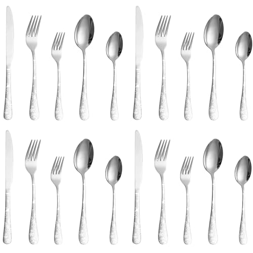 Image of aDai Sterling Silver Silverware Set | Satin Finish 20-Piece Flatware Set with Unique Floral Printed Handle | Dishwasher Safe Stainless Steel Cutlery for Home, Restaurant & Gifting