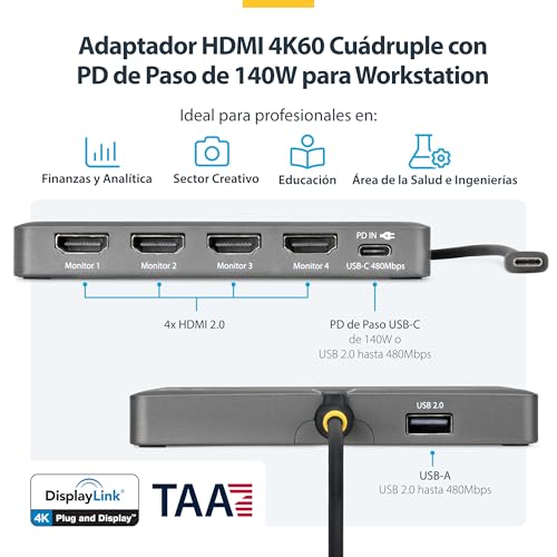 Base de conexión USB-C a 4 HDMI 4K60 DisplayLink multipantalla Thunderbolt USB4 2