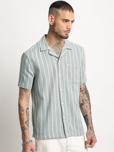Image of Men's Green Striped Regular Fit Casual Shirt