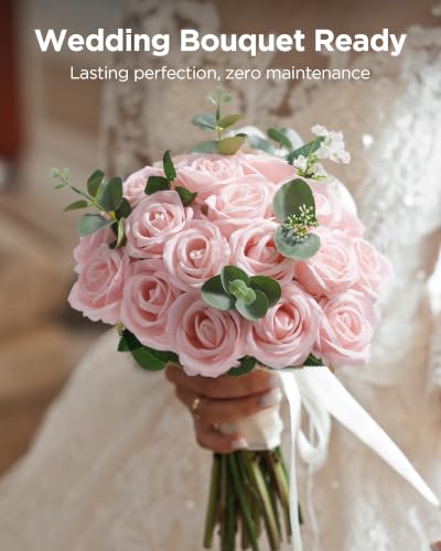 Image of InnoGear 50 Pcs Blush Roses Artificial Flowers, Fake Velvet Silk Rose Bulk Faux Flower for Mother's Gift Decoration DIY Wedding Centerpieces Proposal Bridal Bouquets Party Floral Decor (50, Blush)