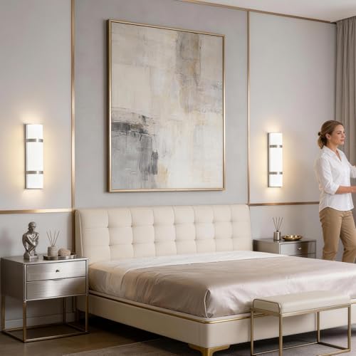 Image of LED Bathroom 16 Inch Vanity Lighting Fixtures | CRI 90 4000K Brushed Nickel Wall Sconce Set of Two with White Frosted Glass Shade | 120V 15W 1200LM Dimmable with Dimmer Switch(not Included)