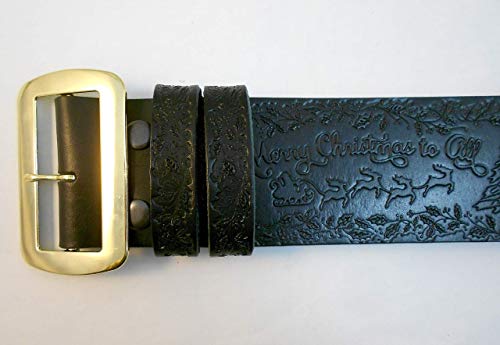 Genuine Tooled Leather Santa Claus Belt and Buckle, Merry Christmas to All, USA, Black, Top Grain, 3 in Wide, with 2 Keepers4