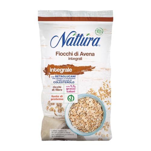 NATTURA Fiocchi di Avena Integrale Bio, Fonte di Fibre e di Proteine, a Basso Contenuto di Grassi Saturi, Prodotto Vegano, Contribuisce a Mantenere i Livelli Normali di Colesterolo, 500 g