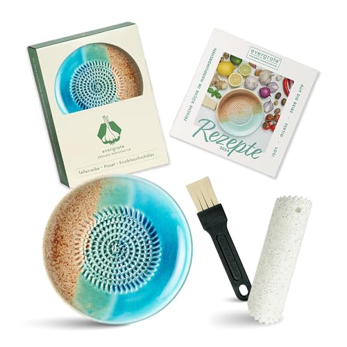 Evergrate Keramikreibe Ocean mit Geschenkbox mit Reibe Knoblauchschäler Rezeptheft & Pinsel Handgefertigt für Ingwer Knoblauch & mehr Spülmaschinenfest & langlebig