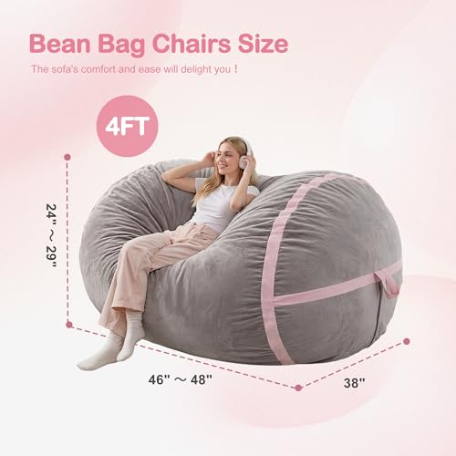 Image of 4FT Bean Bag Chair 4'Big Bean Bag Chairs with Adults, Large Beanbag Chair | Bean bag Lounger with Machine Washable Cover Velvet Fabric, Comfy Chairs for Living Room Bedroom Dorm, Lightgrey with Pink
