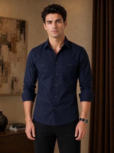 Image of Men's Double Flap Pocket | Regular Fit | Solid Spread Collar | Versatile Everyday Office Wear Comfortable |Stylish Design | Shirt