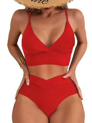 Womens Bathing Suit 2 Piece Tummy Control High Leg Swimsuit V Cut Bottom