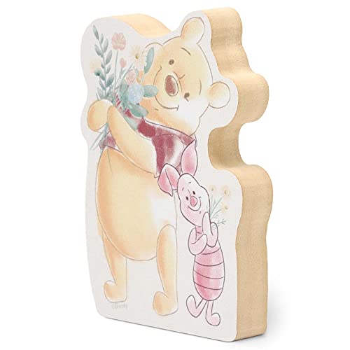 Image of Disney Winnie the Pooh and Piglet with Flower Bouquet Shelf Sitter Decor | Chunky Wood Block Decoration for Home or Office