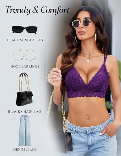Image of Avidlove Bras for Women Floral Lace Bralettes Deep V Sexy Bras Cross Back Longline Bralette No Padded