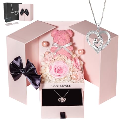 JoyFlower Preserved Flowers with Necklace Gifts for Mom, Unique Pearl Rose Eternal Flower Bear with Necklace Gift for Grandma, Preserved Real Pink Roses Mother's Day Birthday Gift for Mother Grandma