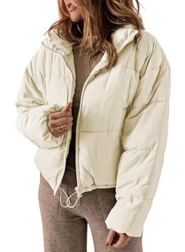 Dokotoo Puffer Jacket Womens Winter Casual Quilted Jackets for Women Fashion Full Zip Up Long Sleeve Drop Shoulder Oversized Stand Collar Padded Coats Baggy Warm Outerwear with Pockets Beige M